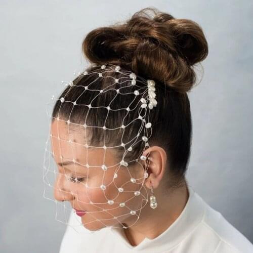 White Headband Veil Big Mesh Net Yarn Comb Pearls Birdcage Veil Hair Jewelry Accessories Veils Charming Wedding Fascinators 2021