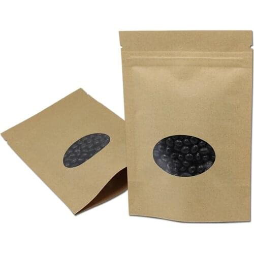 50Pcs Stand Up Clear Ellipse Window Brown Kraft Paper Zip Lock Recyclable Storage Bag Self Sealing Zipper Nuts Bean Package Bag