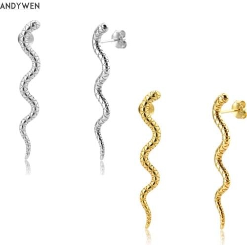 ANDYWEN 925 Sterling Silver Gold Long Line 40cm Vivid Snake Stud Earring BoA Piercing Ohrringe Pendiente 2020 Fine Jewelry