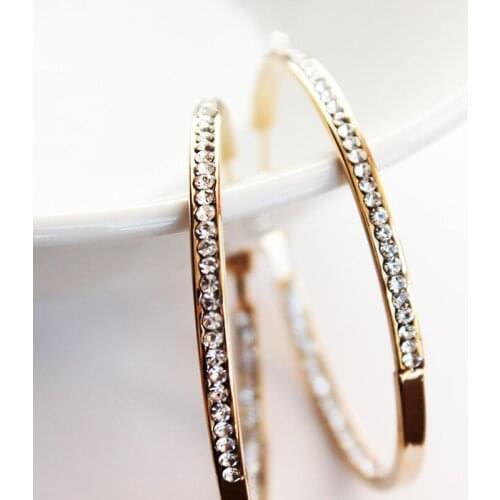 1 Pair real g old plated 30-80mm Fashion Elegant Round Crystal Big huge Hoop Earrings Women Party Earrings Women Jewelry