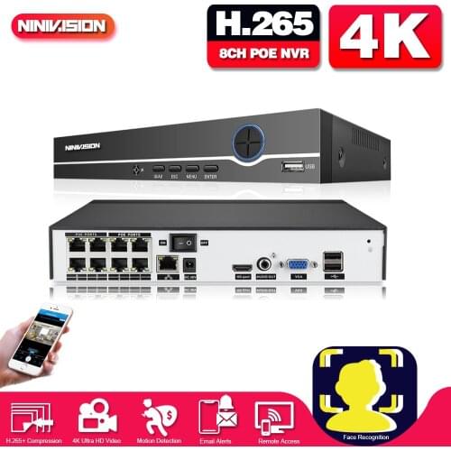 NIVISION 8CH 4K POE NVR Face Recognition CCTV Network Video Recorder Support Face Detection H.265 for IP Camera Security System