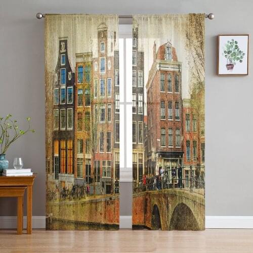 Amsterdam Netherlands European Vintage Sheer Curtains for Living Room Kitchen Tulle for Windows Voile Yarn Curtains for Bedroom