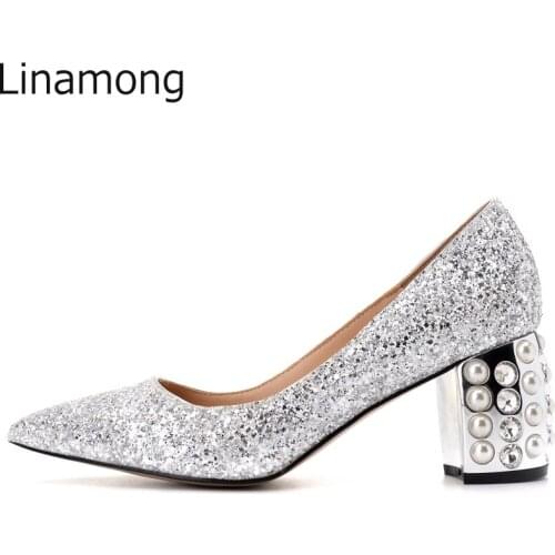 Spring Bling Bling Sequins Pearl Crystal Studs Chunky Heels Wedding Pumps Ladies Pointed Toe Slip on Glitter Bridal Party Shoes