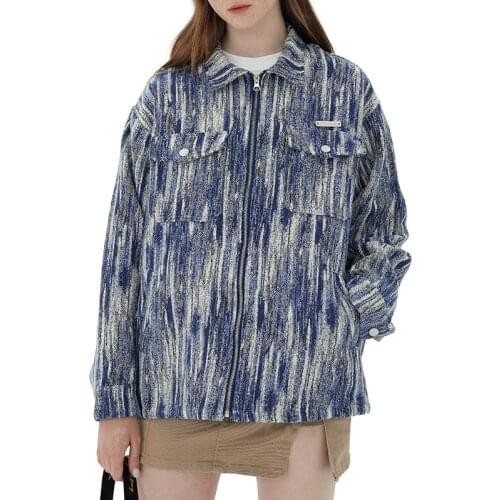 Tweed Jacket Women Autumn Long Sleeve Turn Down Collar Zipper Coat Man Winter Outerwear Contrast Color Tie Dye Print Jacket