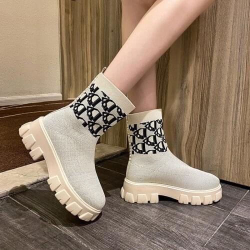 Women Shoes Short Boots Knitted Slip On Sock Autumn Ankle Boot Fashion Comfort Thick Platform Ladies Shoe Female Footwear 2021