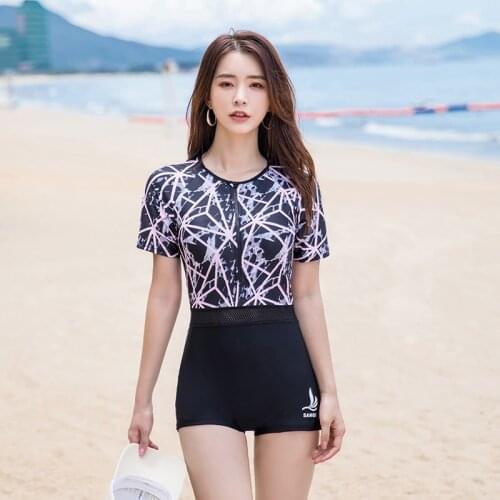 Womens 1 Pieces Boyshort Zipper Swimsuit Sport Tankini Bathing Suits Fashion Swimwear Short Sleeve Mesh