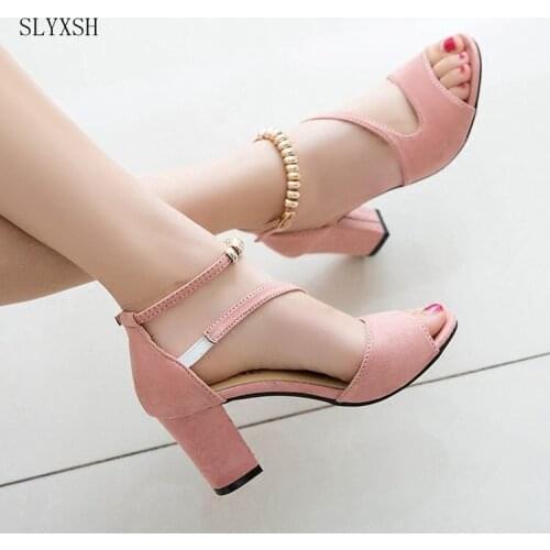 2018 spring sexy fish mouth hollow Roman sandals thick with a word with beaded high heels female summer Sexy female sandals
