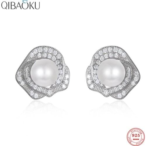925 Sterling Silver Stud Earrings Rose Shaped Zircon Natural White Pearl Earrings Exquisite Stylish Fine Jewelry for Women