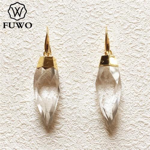 FUWO Female Elegant Crystal Quartz Drop Earrings Faceted Bullet Shape Gold Earrings For Women Party Wedding Gift Wholesale ER261