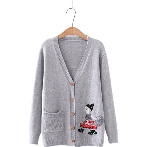 Women Cartoon Embroidery Knitted Sweaters Harajuku Sweet Sweaters Single-breasted Knit Jacquard All-match Loose Sweater