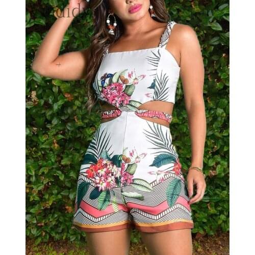 Women Print Sleeveless Bodycon Rompers Casual Cut Out Waist Playsuit