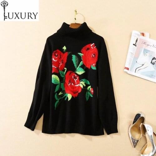Winter Turtleneck 2020 Autumn Sweaters High Quality Wool Women Red Rose Flower Patterns Knitted Warm Pullovers