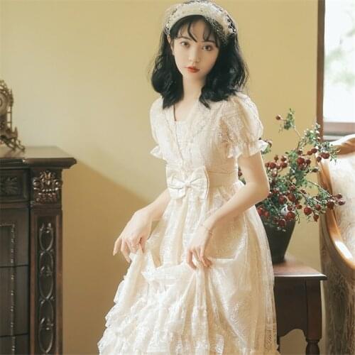 2021 Summer Womens Vintage Lace Bowknot Princess Dress Short Sleeve Ruffled High Waist Mid-Length A-Line Female Party Dress