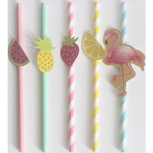 20pcs Cute fruit straw cartoon paper straw drink juice cocktail decor straw card flamingo party straw Summer Hawaii party supply