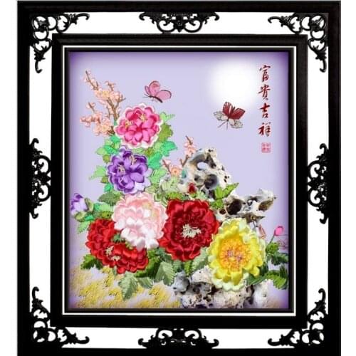 3D peony flower Ribbon embroidery kit with needle canvas paint handcraft stain DIY handmade needlework wall art decor gift 329