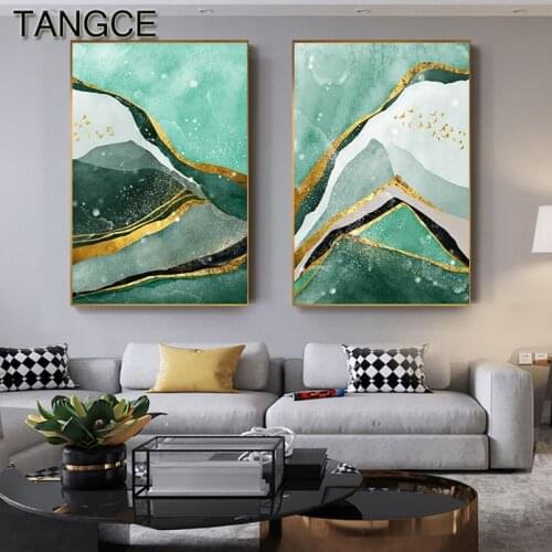 Abstract Golden Foil Green Moutain Painting Tableaux Big Poster Print Modern Wall Art for Living Room Cuadros Salon Decoracion
