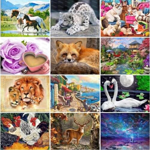 Diy Diamond Painting Cartoon Pet Cat Poultry Big Rooster Wild Animals Snowy Leopard Fox Elk Lion Horse Personality Poster