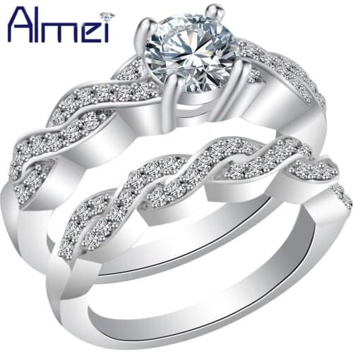 Almei 5%Off 2 PCS New Fashion Korea Crystal CZ Zircon Trendy Rings for Party Womens Ladies Ring Jewelry Bagues Hommes BMR83