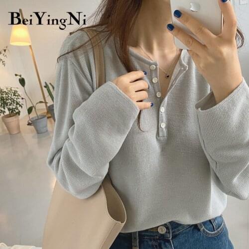 Beiyingni 2021 Korean Fashion Long Sleeve Sweaters Womens Solid Color Buttons Loose Casual Knitted Pullovers Thin Jumper Tops