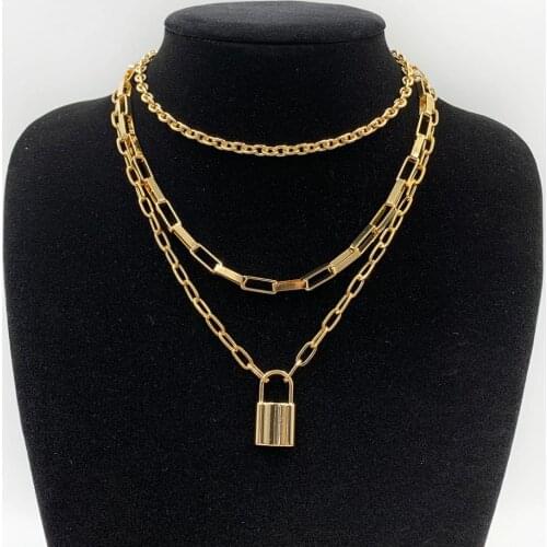 New stainless steel chains punk padlock necklaces women multilayer choker metal padlock chains goth jewelry costume accessory