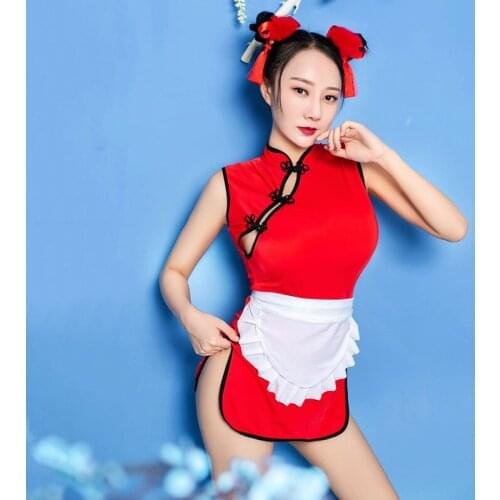Games Chun Li Cosplay Mini Dress Japanese Kawaii Red Cheongsam Party Dress Women Girls Chun Li Cosplay G string Dress Apron Set