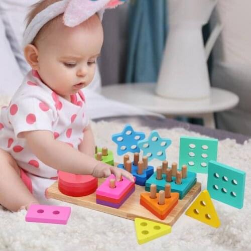 Creative Wooden Colorful Geometric Shape Puzzles Stacking Matching Shape Education Kids Manual Training Toy