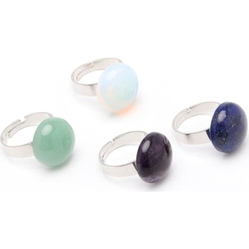 Round Reiki Natural Stone Finger Ring for Men Women Pink Quartz Tiger Eye Lapis Lazuli Adjustable Ring Jewelry Gifts