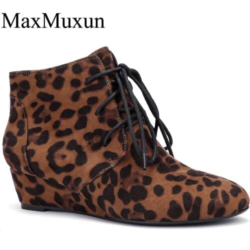 MaxMuxun Womens Lace Up Low Wedge Heel Pointed Toe Leopard Ankle Booties Footwear Platform High Heels Shoes