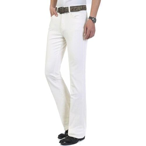 Free shipping hot sale mens business casual jeans elastic waist slim fit white boot half flared jeans