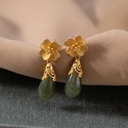 Natural Hetian Jasper Orchid Earrings Chinese Retro Elegant Light Luxury Fairy Charm Accessories Womens Brand Jewelry