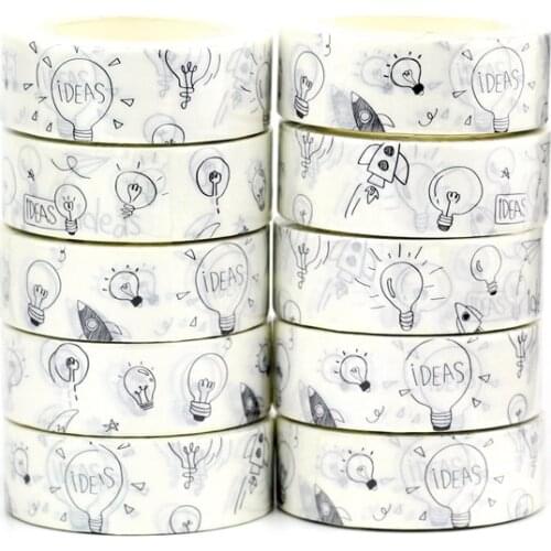 NEW 10pcs/Lot Decorative Black and White Bulbs Rockets Science Washi Tapes Bullet Journal Adhesive Masking Tape Cute Stationery