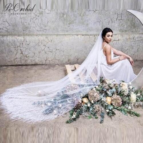 PEORCHID 3m Feathers Bridal Veil Cathedral Elegant Soft Tulle One Layer Ivory Wedding Veils With Comb Sluier Bruilof Accessories
