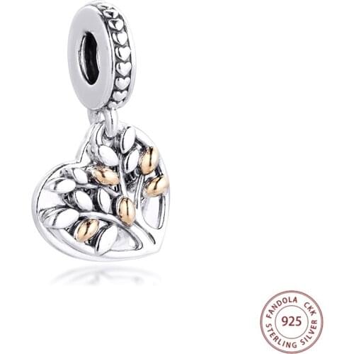 Fits Pandora Bracelet 925 Sterling Silver Two-Tone Family Tree Heart Dangle Charms Beads DIY Jewelry Making Bijoux Femme 2020