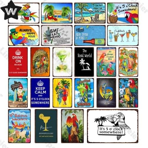 Shabby Chic Its Five O'clock Somewhere Man Cave Plate Vintage Keep Calm Wall Sticker Metal Tin Sign Tiki Bar Decor Wall Sticker