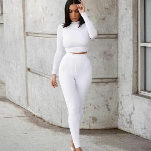 Sexy Women Bodycon Set Long Sleeve Crop Top High Waist Solid Tow Pieces Suit Fitness Running Tracksuit Female Sportswear