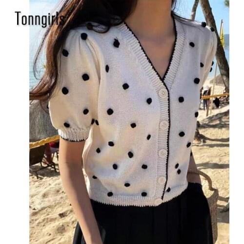 Tonngirls Korean Style T Shirt Women Short Sleeve Casual Knitted Tshirt Dot V Neck Tee Shirt Female T Shirts Summer Tee Top 2021