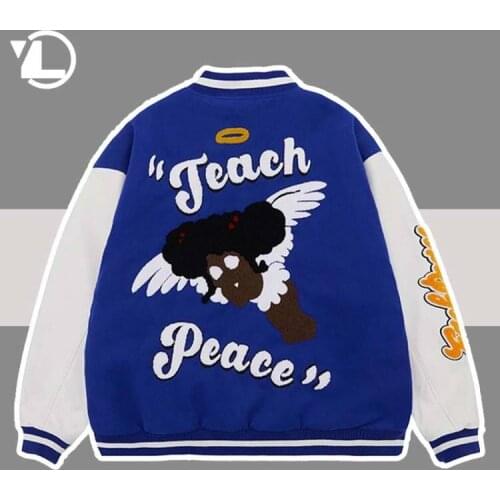 Hip Hop Thicken Baseball Jackets Men Women Furry Black Angel Embroid Patchwork Harajuku Winter Varsity Jacket Bomber Street Coat