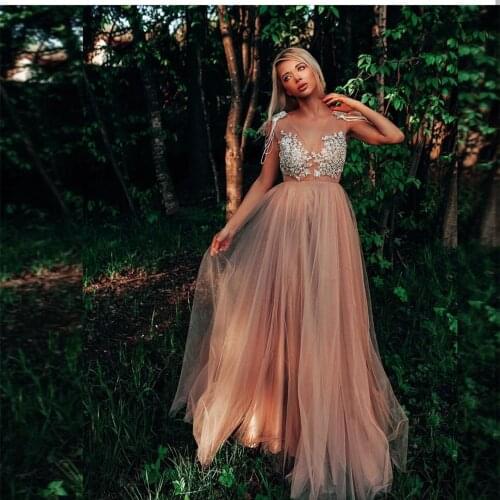Boho Champagne Evening Dress A-Line V-Neck Lace Appliques Beaded Cap Sleeve Backless Chiffon Floor Length Party Prom Gown New