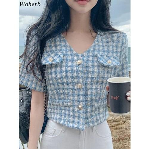 Woherb Tweed Summer Short Sleeve Women Plaid Coat 2021 New Elegant Causal Cardigan Jacket Korean Single Breasted Outwear