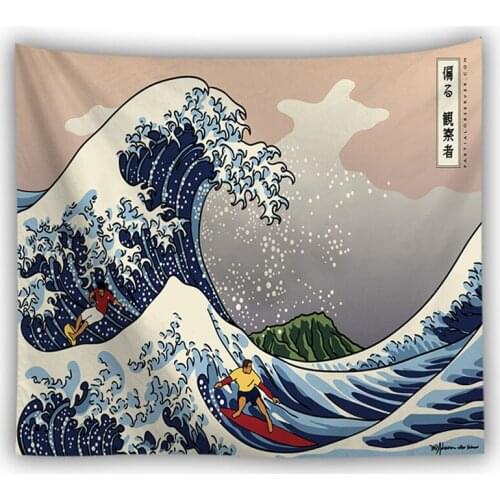 Japanese Ocean Tapestry Wall Hanging Wave Surfing Aesthetic Art Wall Decor Boho Home Room Decoration Table Cloth Throw Blanket