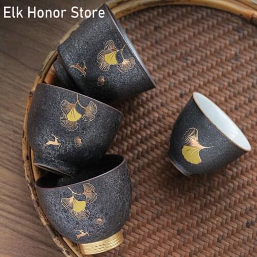 Japanese Style Elk Gingko Coarse Pottery TeaCup Master Cup Handmade Tea Cup Household Kung Fu Tea Set Tea Cup Office Decoration