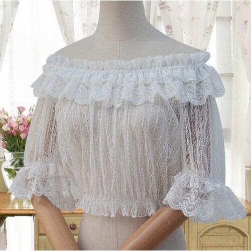 Women Lolita Frilly Crop Top Blouse White/Black Puff Sleeve Lace Bottoming Shirt