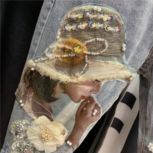 Harajuku Women Hole Ripped Pattern Spliced Jeans Fashion Ankle Length Hip Hop Harem Pants Crystal Embroiderd Flares Denim Pants