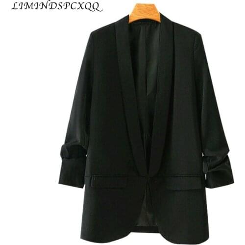 Women 2021 Fashion Office Wear Basic Black Blazer Coat Vintage Pleated Sleeve Pockets Female Outerwear Chic Tops