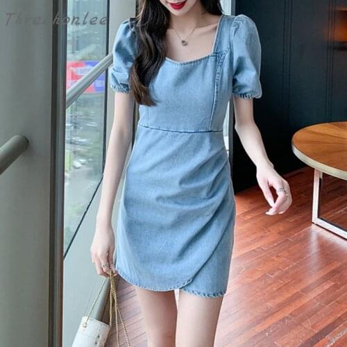 2021 Summer New Style French Retro Woman Denim Dress Flavor Square Collar Puff Sleeve Silm Elegant Female Dress Vestidos