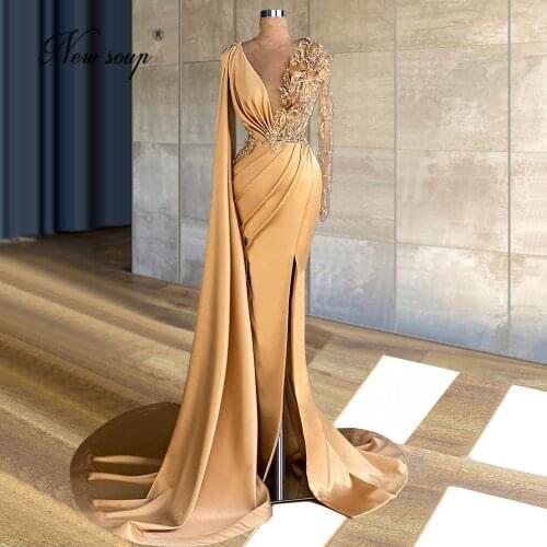Champagne Beaded Couture Evening Dresses Vestidos De Fiesta Prom Dresses 2021 Celebrity Party Gowns Dresses For Women Dubai
