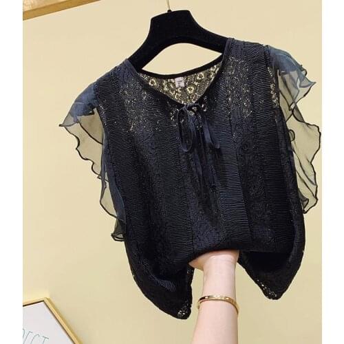 2021 Korean Fashion Clothing Solid Shirt Women Blouse Summer Womens Tops and Blouses Lace Patchwork Chiffon Blusas Mujer Y733