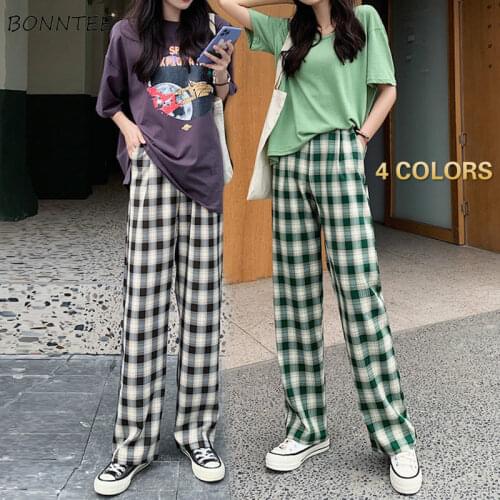 Casual Pants Women Summer Popular Straight Fashion Plaid Baggy Street Wear Lady Trouser All-match BF Style Oversized Daily Soft