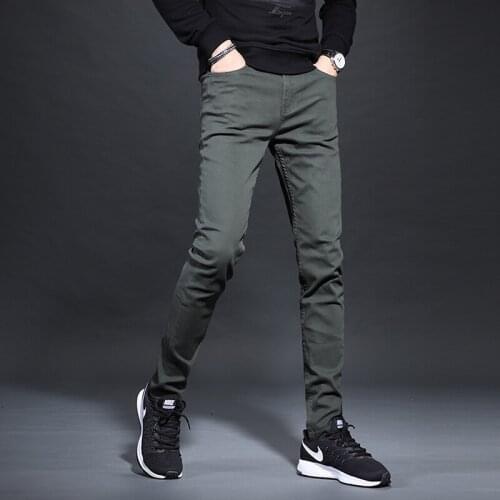 Men Army Green Stretch Jeans Korean Style Straight Slim Fit Pants Fashion Casual Solid Color Denim Trousers