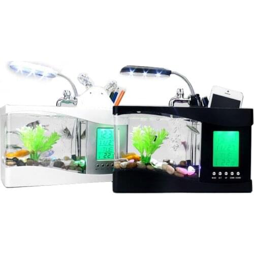 Mini USB Aquarium Fish Tank Aquarium w/ LED Lamp Light LCD Display Clock Date Temperature Desktop Decoration Aquarium Drop Ship